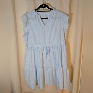 Blue Striped Ruffle Dress W Drawstring & Pockets! Crisp, Cool, Country, Feminine